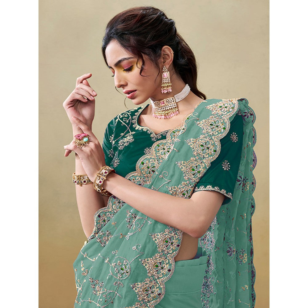 Odette Sea Green Organza Embroidered Saree with Unstitched Blouse