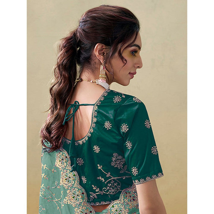 Odette Sea Green Organza Embroidered Saree with Unstitched Blouse