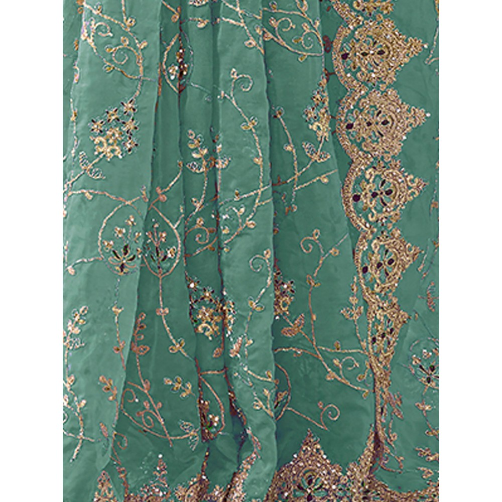 Odette Sea Green Organza Embroidered Saree with Unstitched Blouse