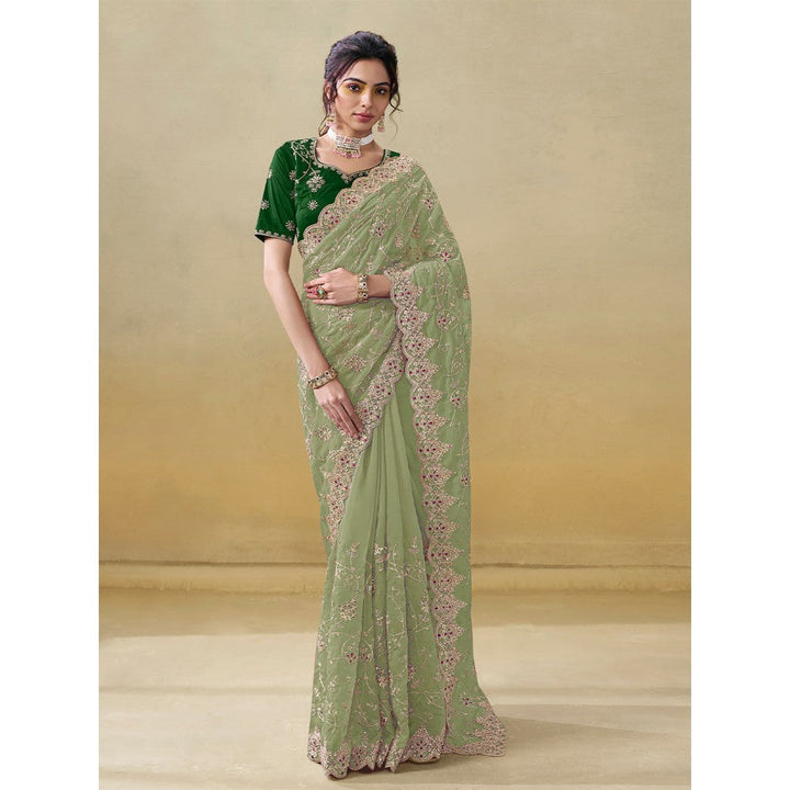 Odette Light Green Organza Embroidered Saree with Unstitched Blouse