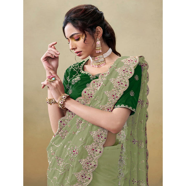 Odette Light Green Organza Embroidered Saree with Unstitched Blouse