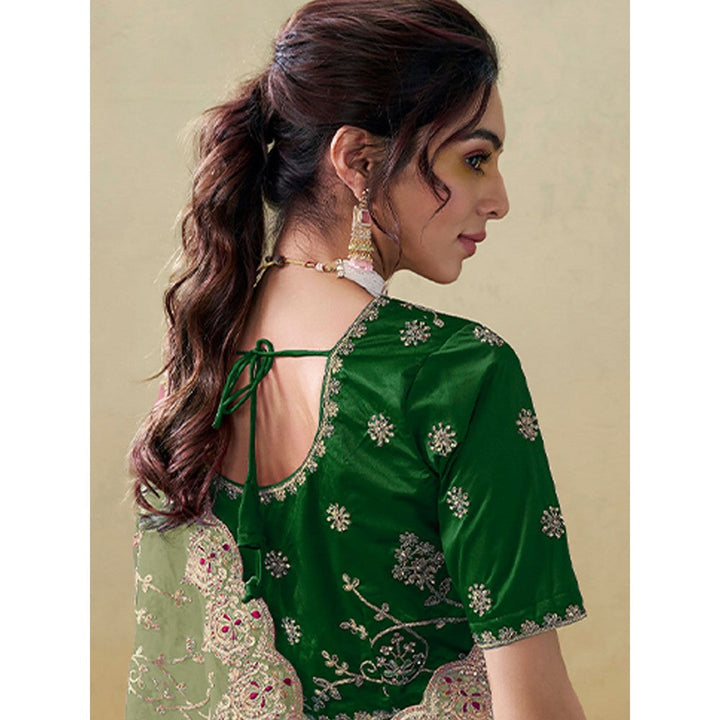 Odette Light Green Organza Embroidered Saree with Unstitched Blouse