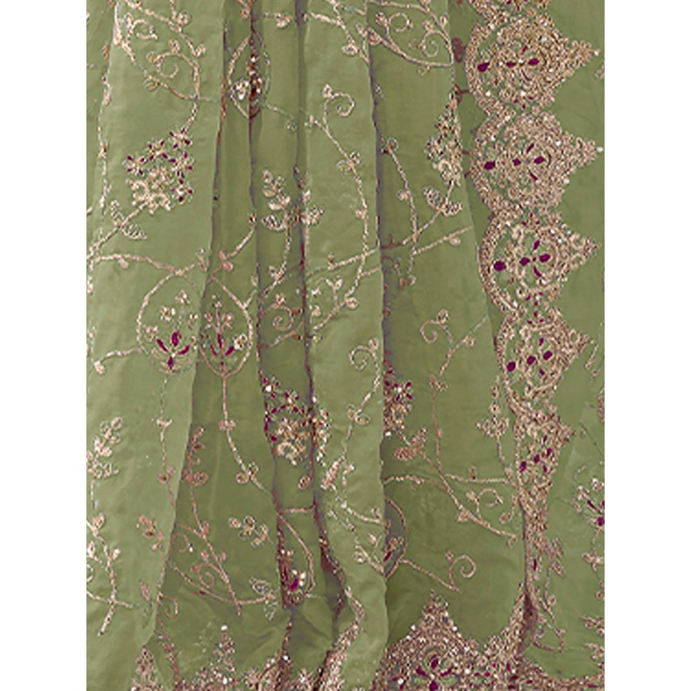 Odette Light Green Organza Embroidered Saree with Unstitched Blouse