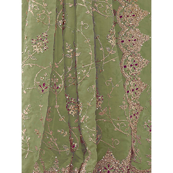 Odette Light Green Organza Embroidered Saree with Unstitched Blouse