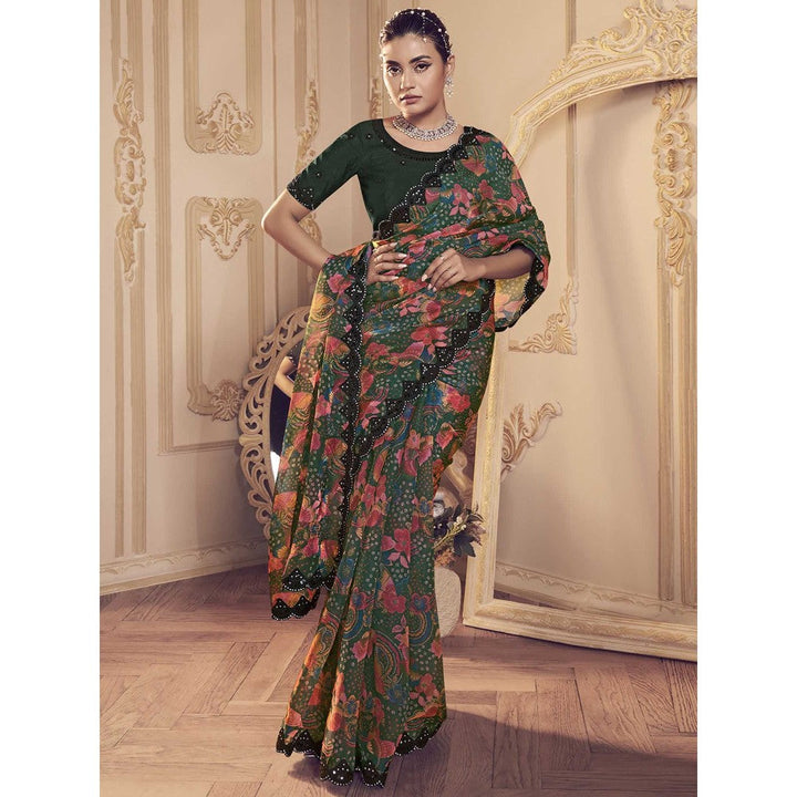 Odette Green Embellished Saree with Unstitched Blouse