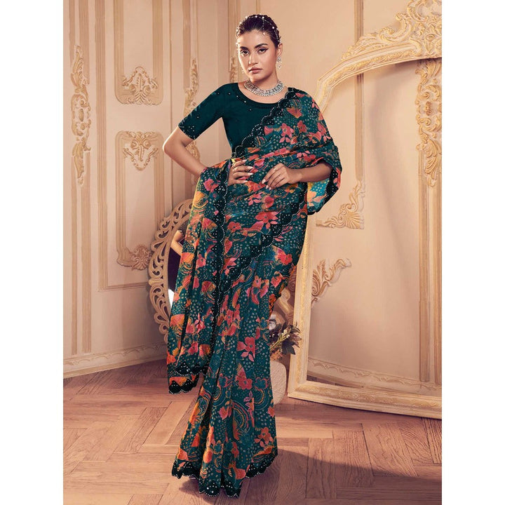 Odette Teal Embellished Saree with Unstitched Blouse