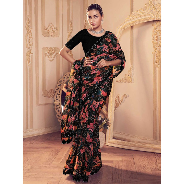 Odette Black Embellished Saree with Unstitched Blouse