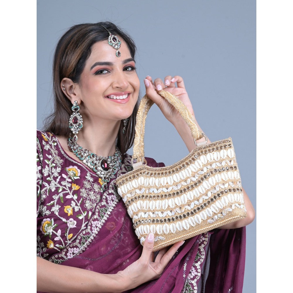 Odette Gold Shells and Beads Embroidered Handbag for Women