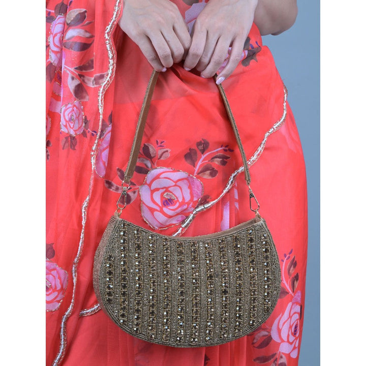 Odette Bronze Stone and Beads Embroidered Half Moon Hand Bag for Women