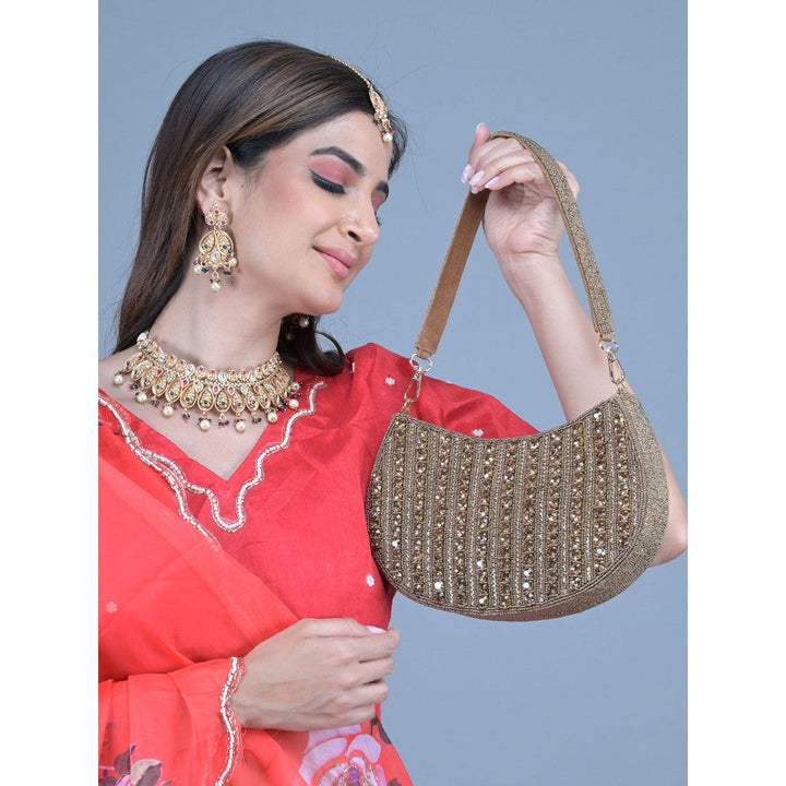 Odette Bronze Stone and Beads Embroidered Half Moon Hand Bag for Women