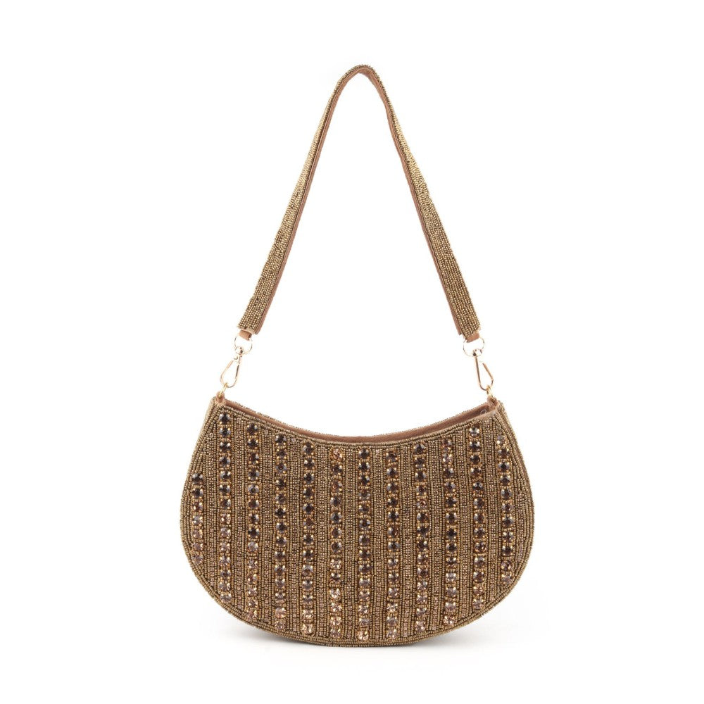 Odette Bronze Stone and Beads Embroidered Half Moon Hand Bag for Women