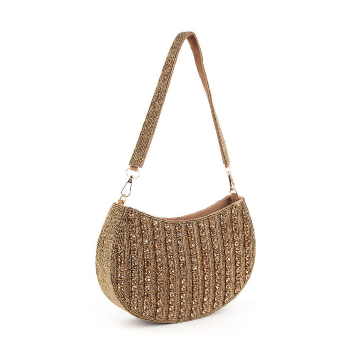 Odette Bronze Stone and Beads Embroidered Half Moon Hand Bag for Women