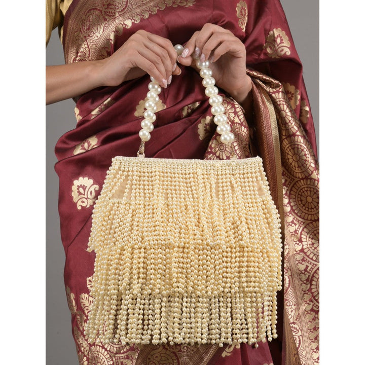 Odette Cream Full Pearls Embroidered Tassels Hand Bag for Women