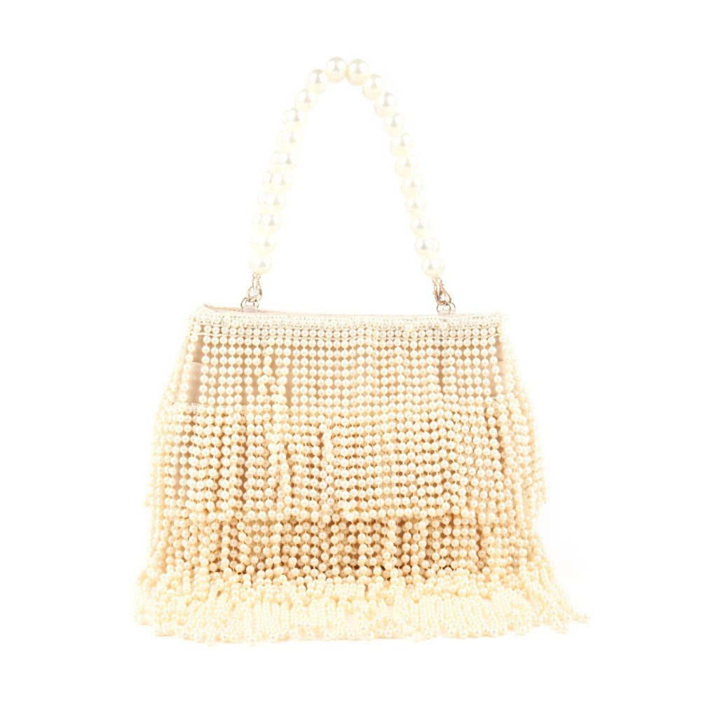 Odette Cream Full Pearls Embroidered Tassels Hand Bag for Women