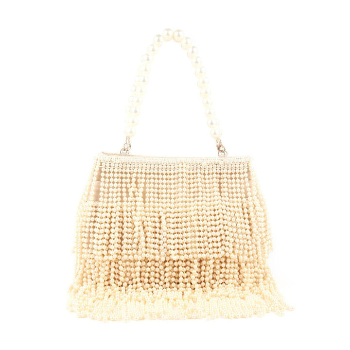 Odette Cream Full Pearls Embroidered Tassels Hand Bag for Women