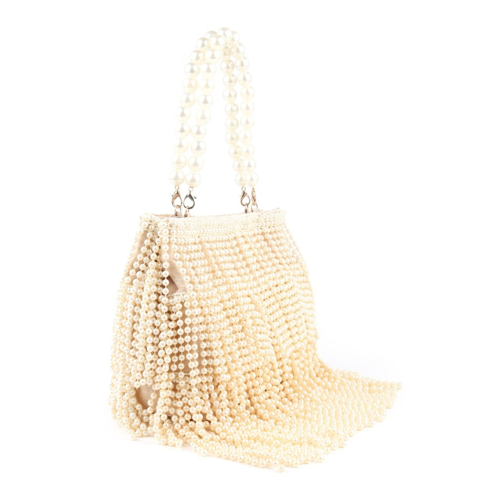 Odette Cream Full Pearls Embroidered Tassels Hand Bag for Women