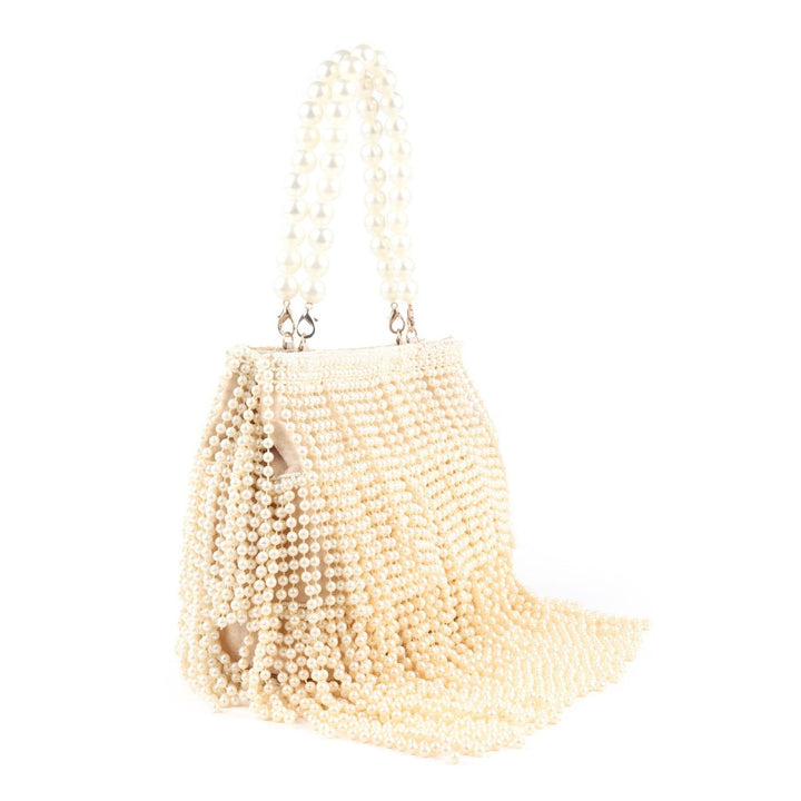 Odette Cream Full Pearls Embroidered Tassels Hand Bag for Women