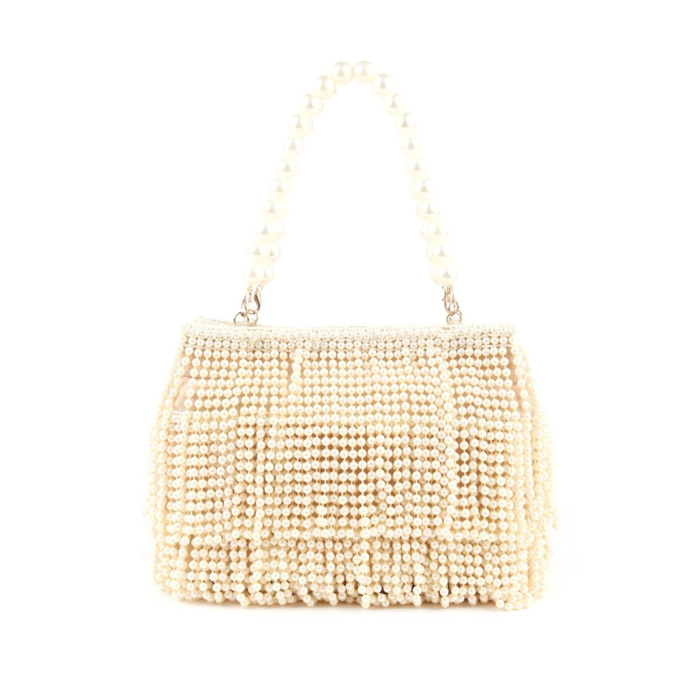 Odette Cream Full Pearls Embroidered Tassels Hand Bag for Women