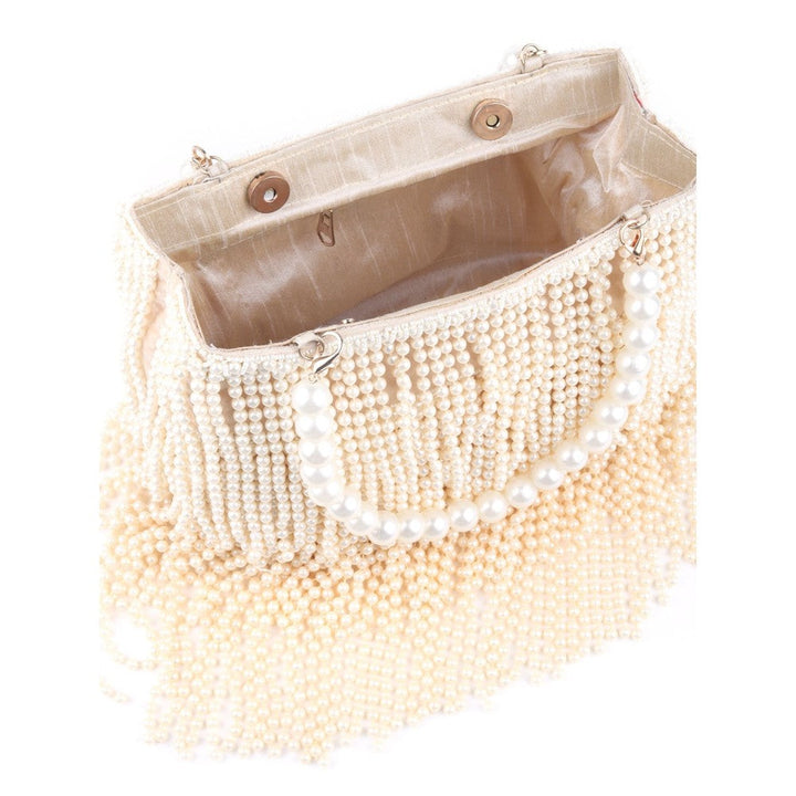 Odette Cream Full Pearls Embroidered Tassels Hand Bag for Women