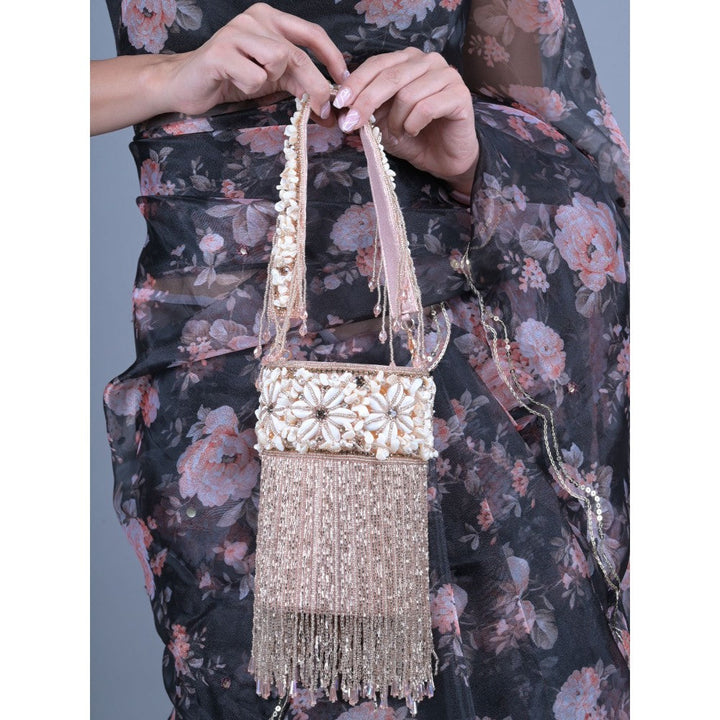 Odette Peach Shell and Beads Embroidered Cylindrical Tassels Clutch for Women