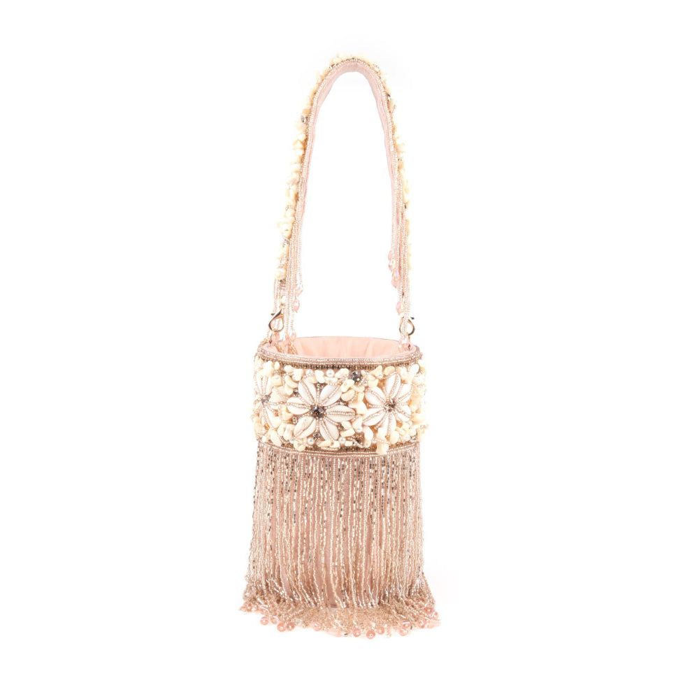 Odette Peach Shell and Beads Embroidered Cylindrical Tassels Clutch for Women