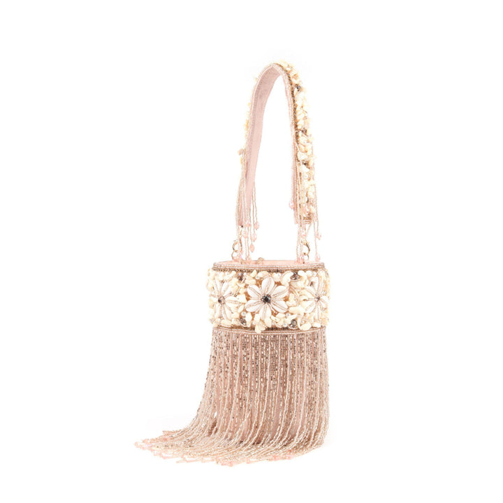 Odette Peach Shell and Beads Embroidered Cylindrical Tassels Clutch for Women