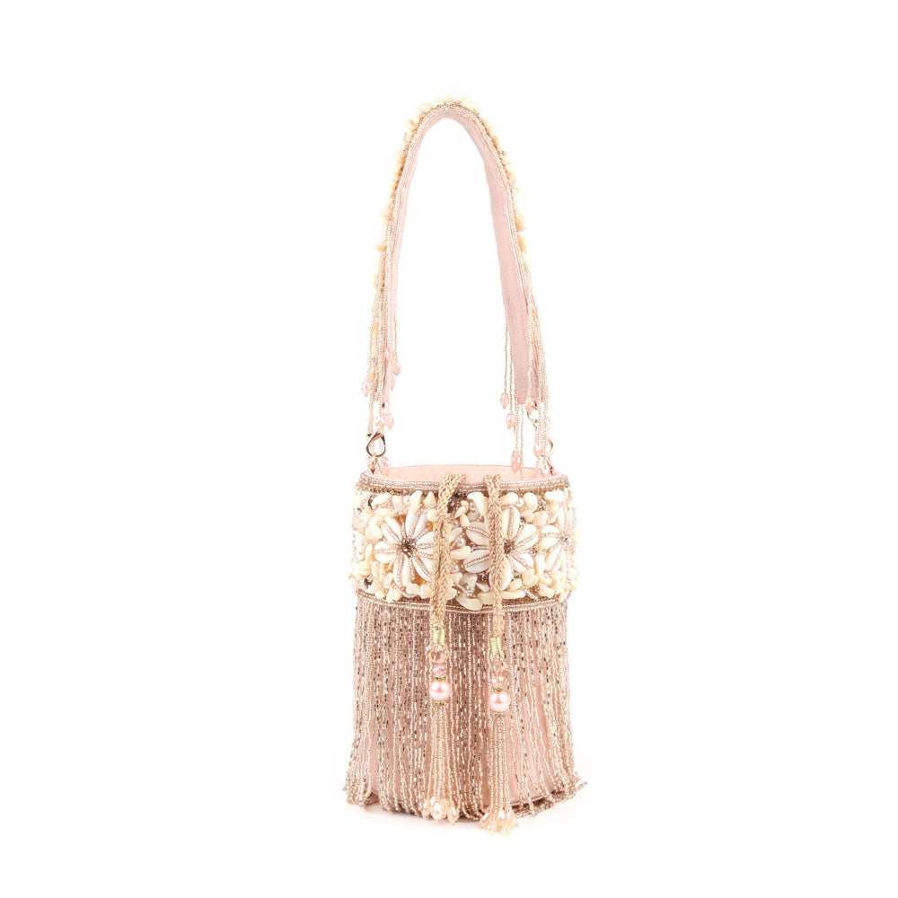 Odette Peach Shell and Beads Embroidered Cylindrical Tassels Clutch for Women