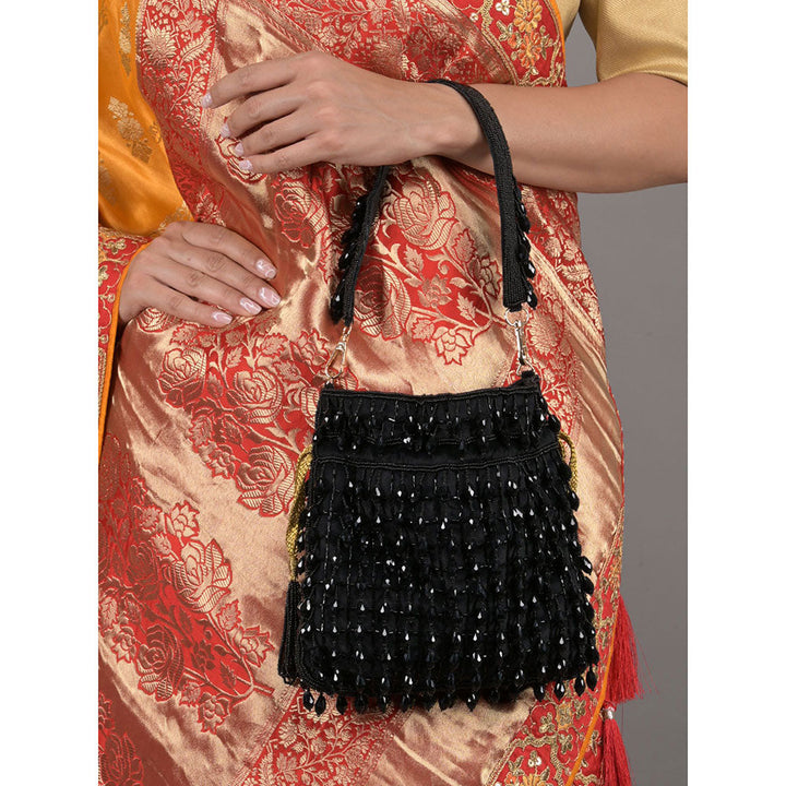 Odette Black Beads Embellished Tassels Potli Bag for Women