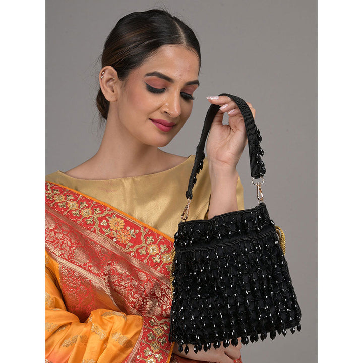 Odette Black Beads Embellished Tassels Potli Bag for Women