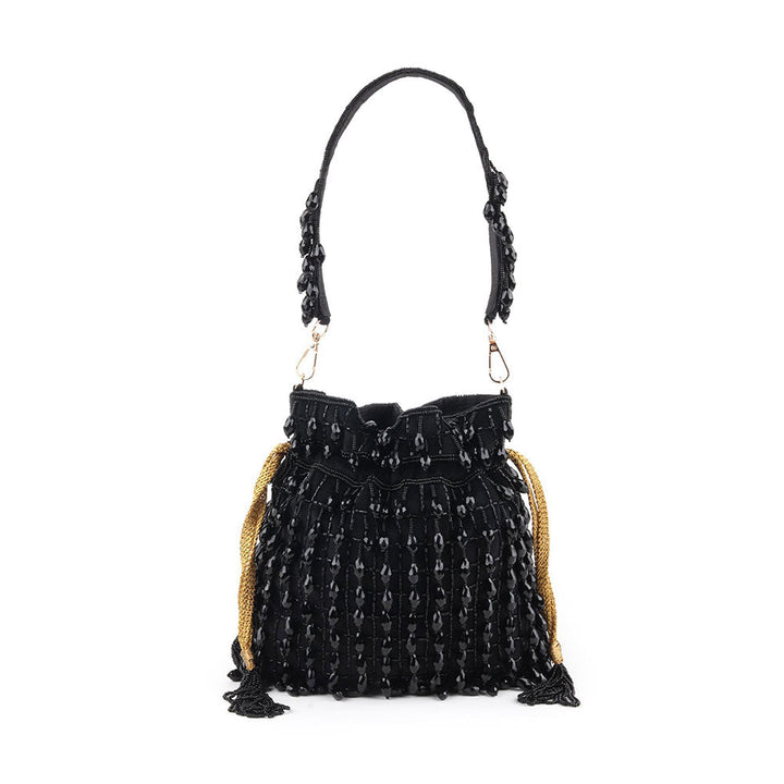 Odette Black Beads Embellished Tassels Potli Bag for Women