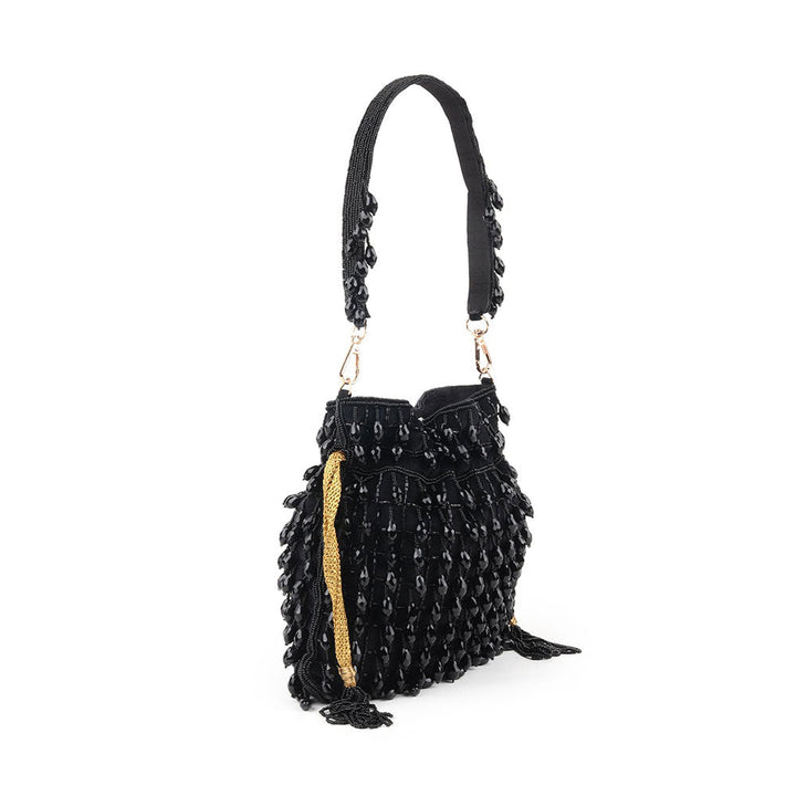 Odette Black Beads Embellished Tassels Potli Bag for Women