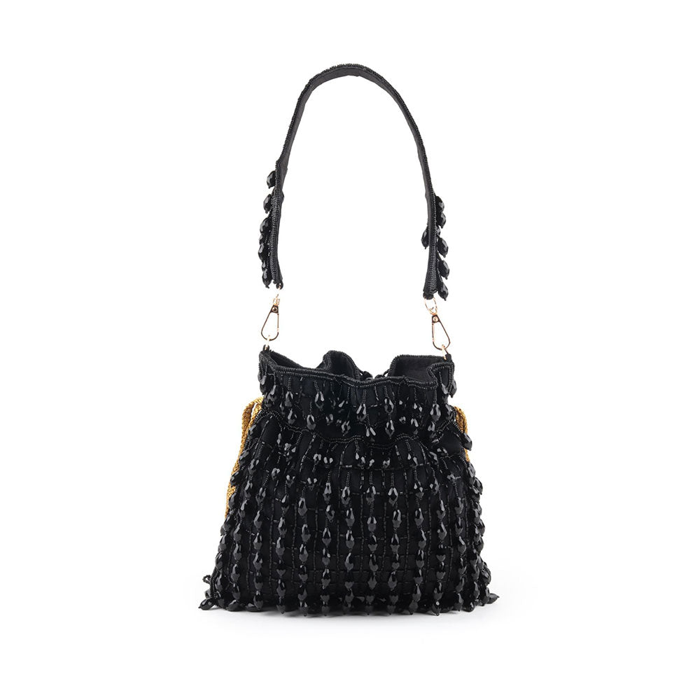 Odette Black Beads Embellished Tassels Potli Bag for Women