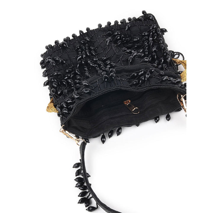 Odette Black Beads Embellished Tassels Potli Bag for Women