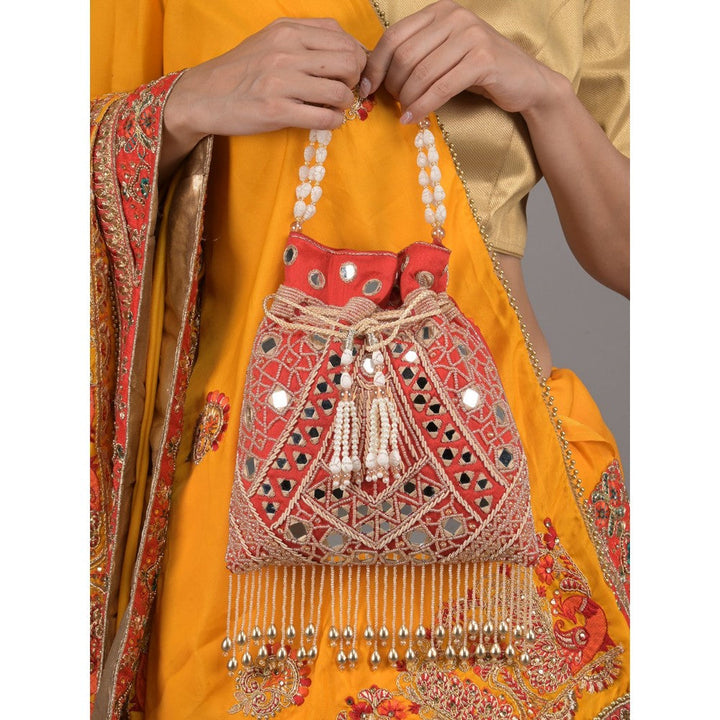 Odette Red Beads and Mirror Embellished Potli Bag for Women