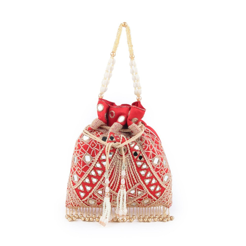 Odette Red Beads and Mirror Embellished Potli Bag for Women