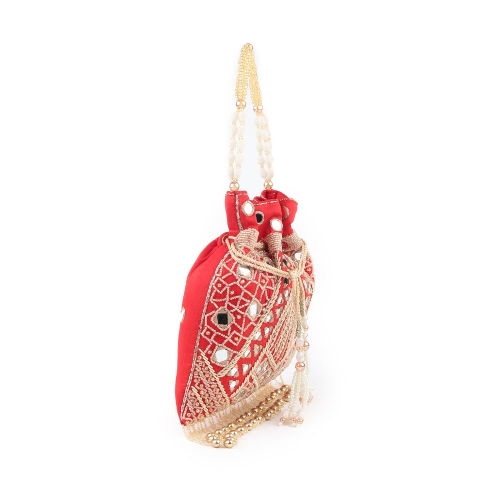 Odette Red Beads and Mirror Embellished Potli Bag for Women