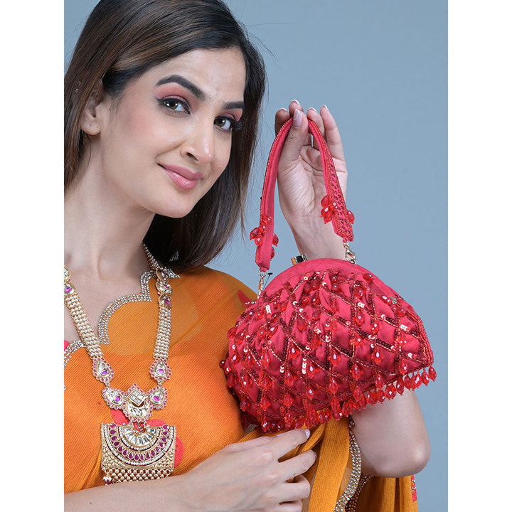 Odette Red Beads and Sequins Embellished Batua for Women