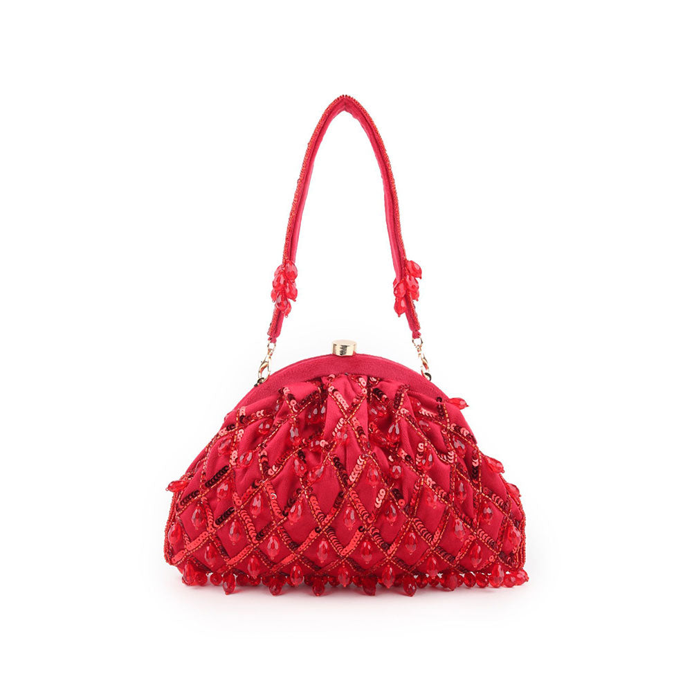 Odette Red Beads and Sequins Embellished Batua for Women