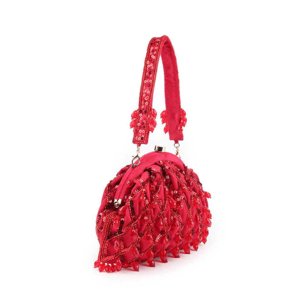 Odette Red Beads and Sequins Embellished Batua for Women