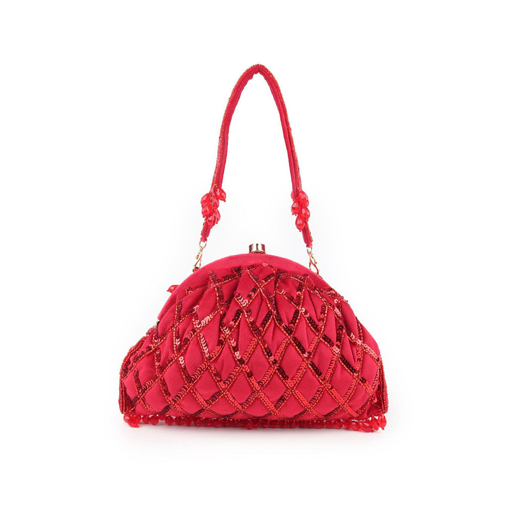 Odette Red Beads and Sequins Embellished Batua for Women