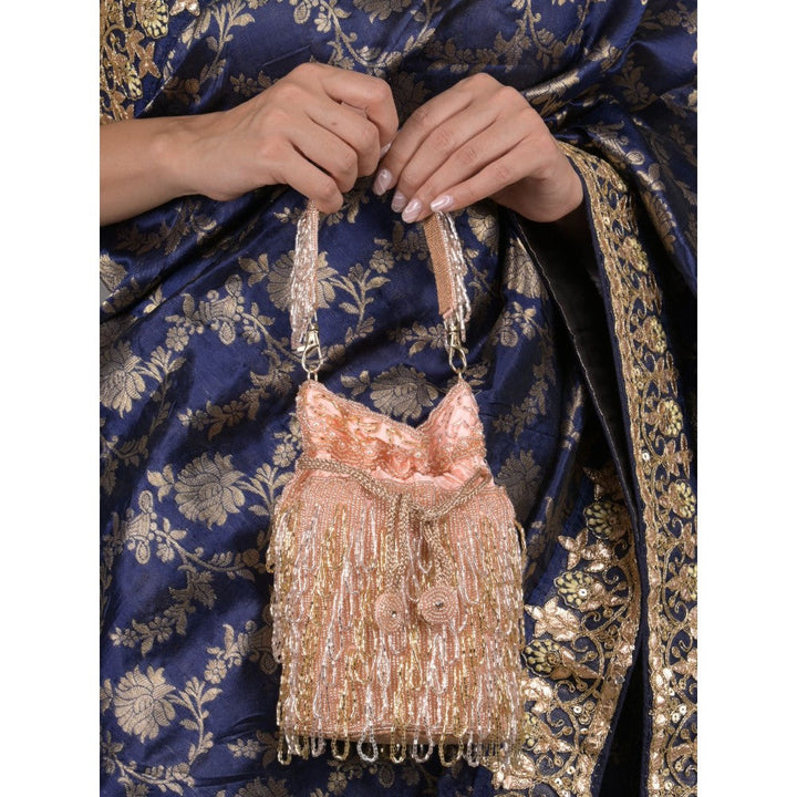 Odette Peach Beads Embellished Tassels Potli Bag for Women