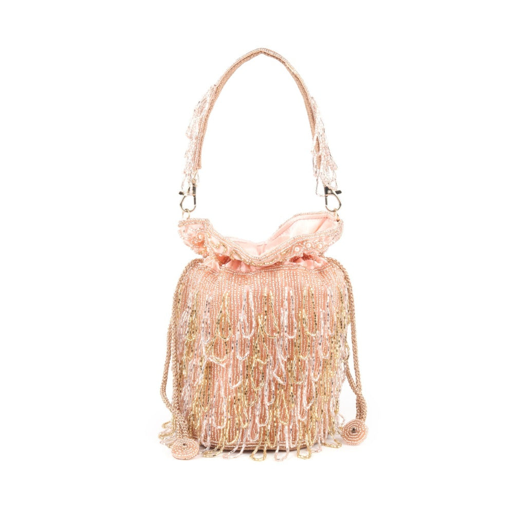 Odette Peach Beads Embellished Tassels Potli Bag for Women