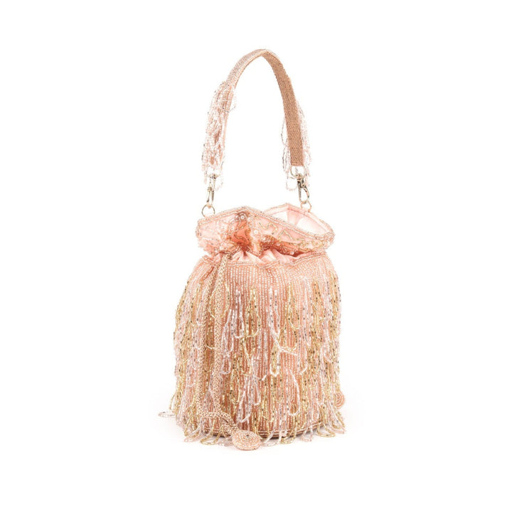 Odette Peach Beads Embellished Tassels Potli Bag for Women