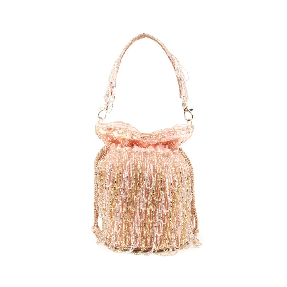 Odette Peach Beads Embellished Tassels Potli Bag for Women