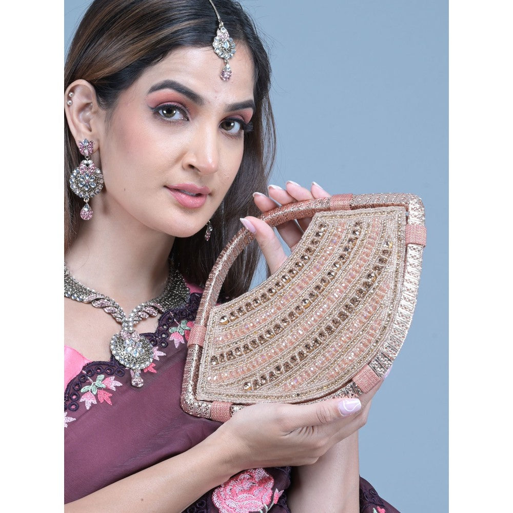 Odette Rose Gold Beads and Stone Embroidered Clutch with Detachable Sling for Women (Set of 2)