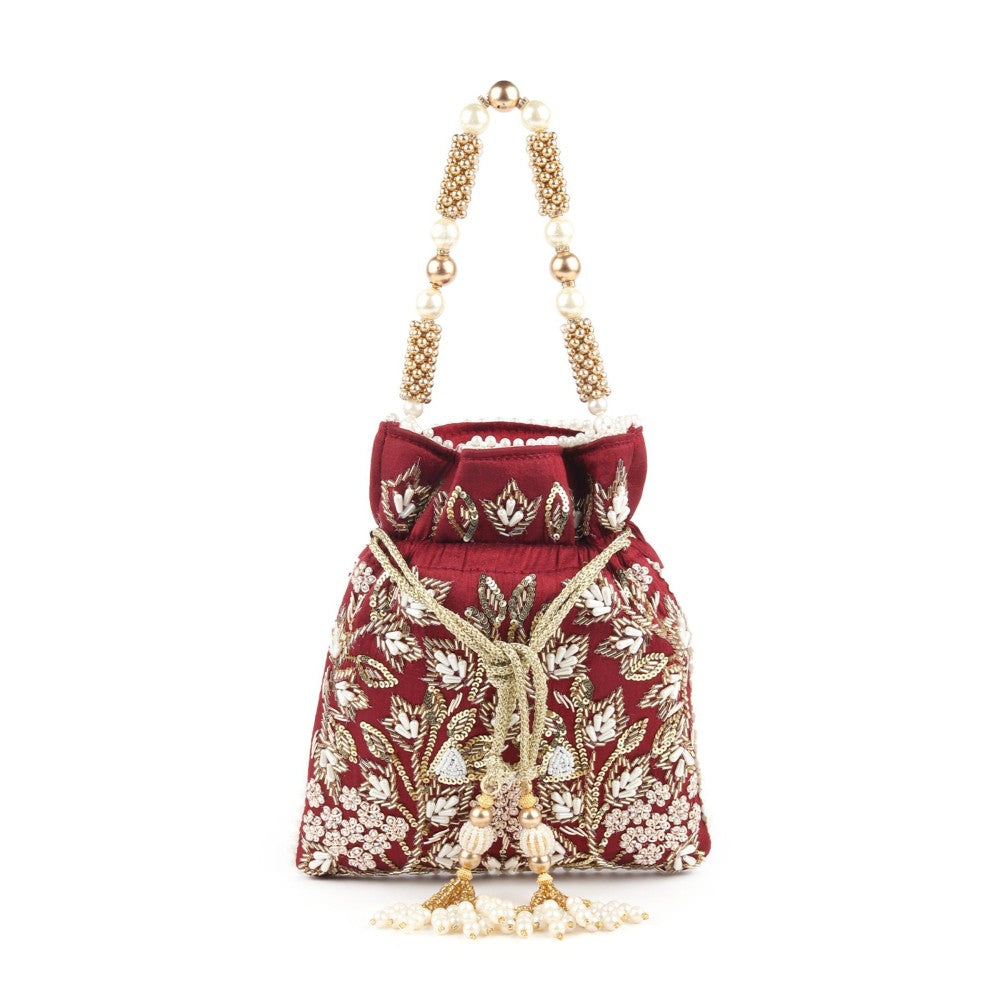 Odette Maroon Sequins and Beads Embellished Potli for Women