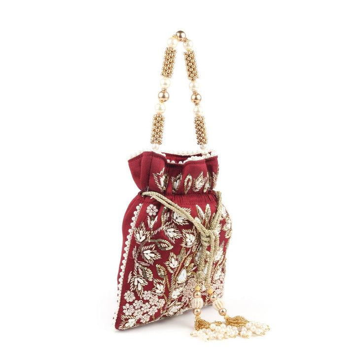 Odette Maroon Sequins and Beads Embellished Potli for Women