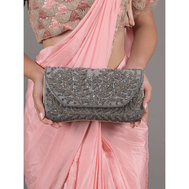 Odette Grey Beads Embroidered Clutch with Detachable Sling for Women (Set of 2)