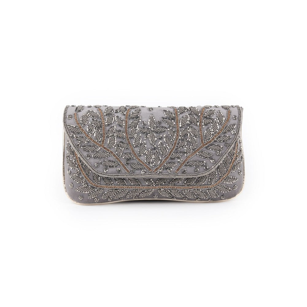 Odette Grey Beads Embroidered Clutch with Detachable Sling for Women (Set of 2)