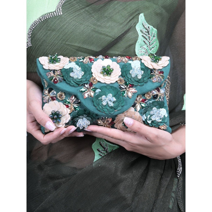 Odette Dark Green Floral Embroidered Clutch with Detachable Sling for Women (Set of 2)